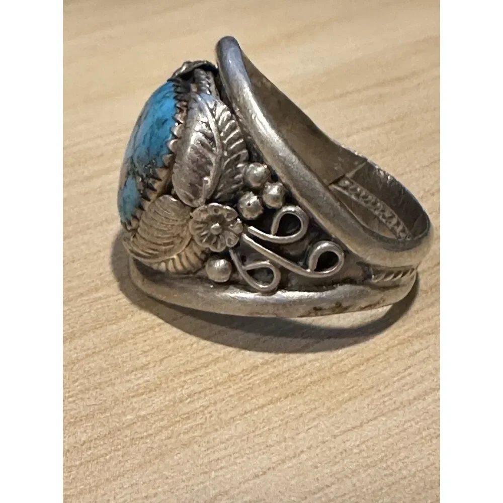 Vintage Southwestern Sterling Silver Turquoise Leaf Motif Ring Sz 11.75